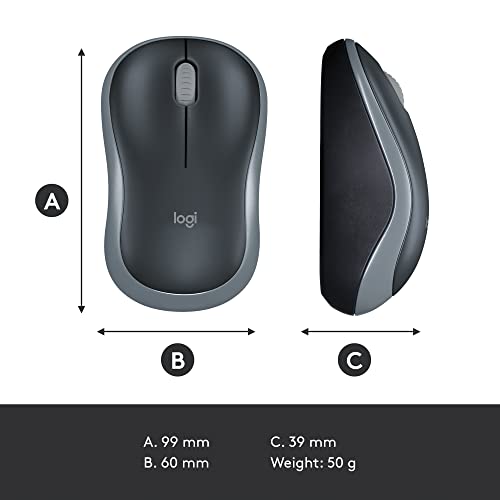 Logitech M185 Wireless Mouse, 2.4GHz with USB Mini Receiver, 12-Month Battery Life, 1000 DPI Optical Tracking, Ambidextrous PC/Mac/Laptop - Swift Gray